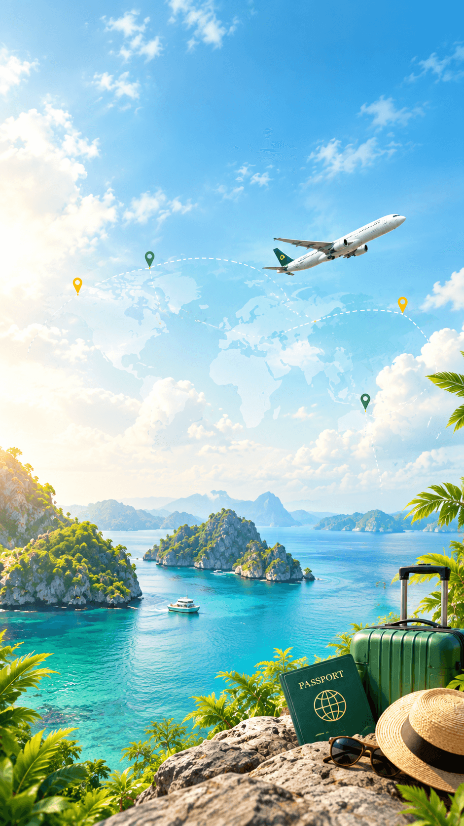 World map with flight paths, a passport, suitcase and a tropical island